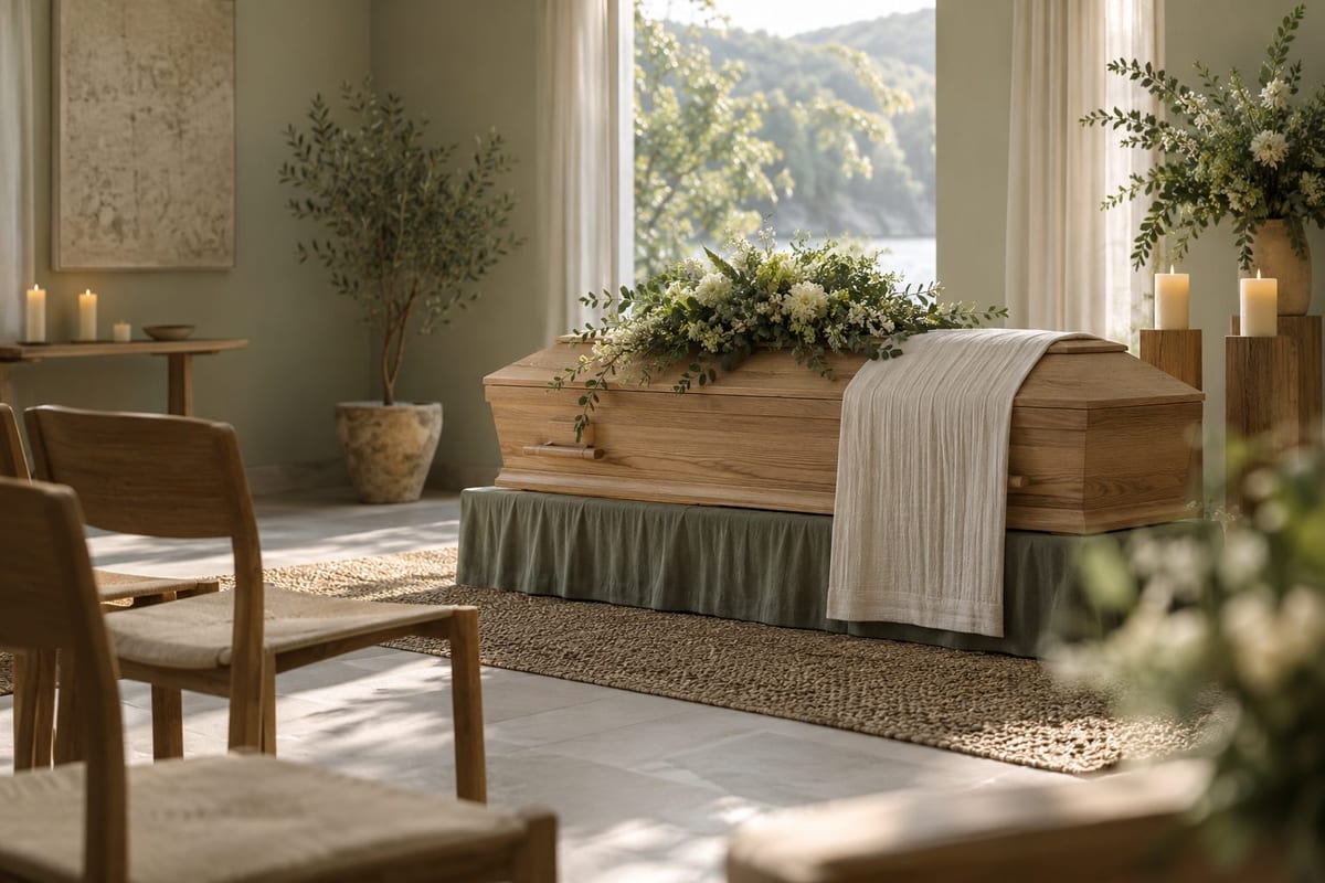 Aufbahrung: Ein mit Blumen geschmückter Holzsarg mit einem hellen Tuch steht im Abschiedsraum. Ein mit Blumen geschmückter Holzsarg mit einem hellen Tuch steht im Abschiedsraum.
