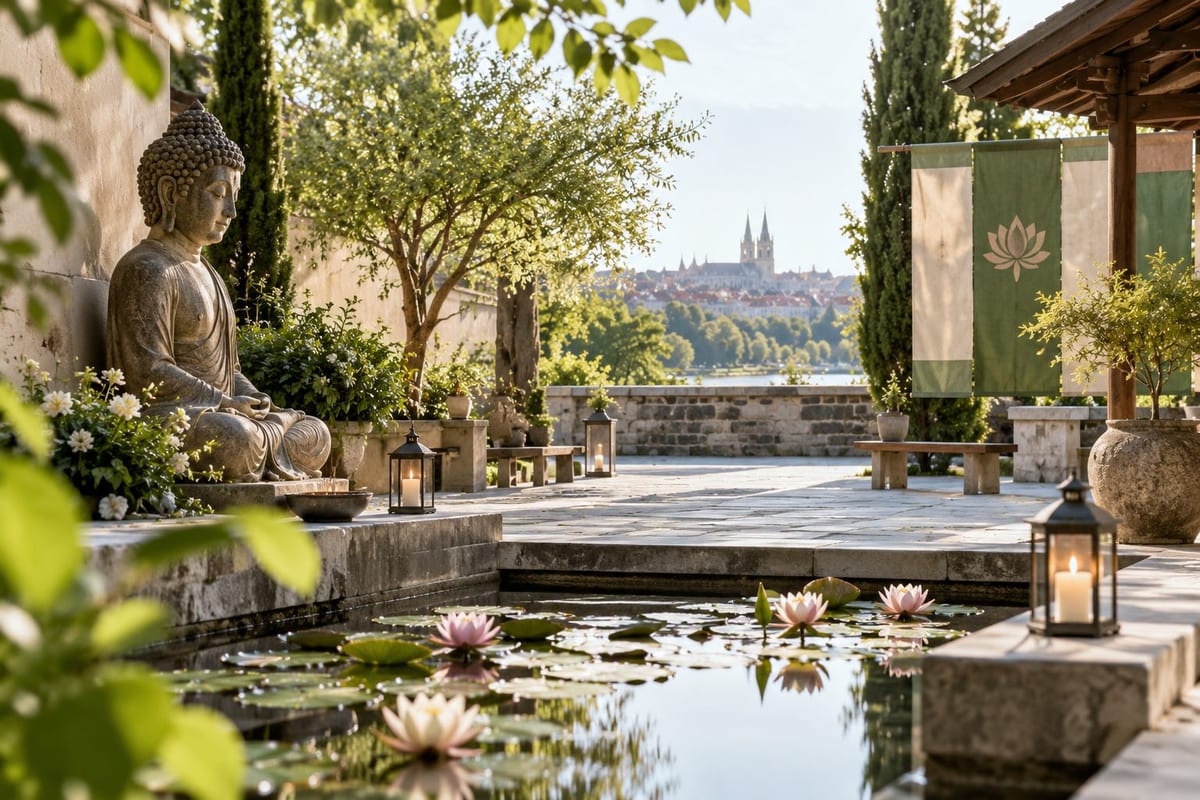 Eine Buddhafigur, Lotusblüten und Laternen stehen in einem ruhigen Innenhof.
