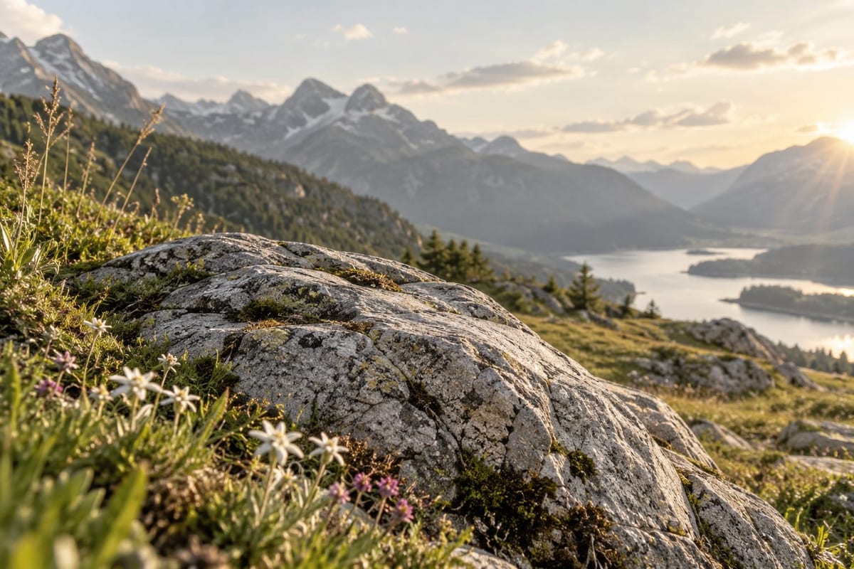 Felsbestattung: Ein großer Fels liegt zwischen Wiesenblumen vor einem Berg- und Seepanorama. Ein großer Fels liegt zwischen Wiesenblumen vor einem Berg- und Seepanorama.