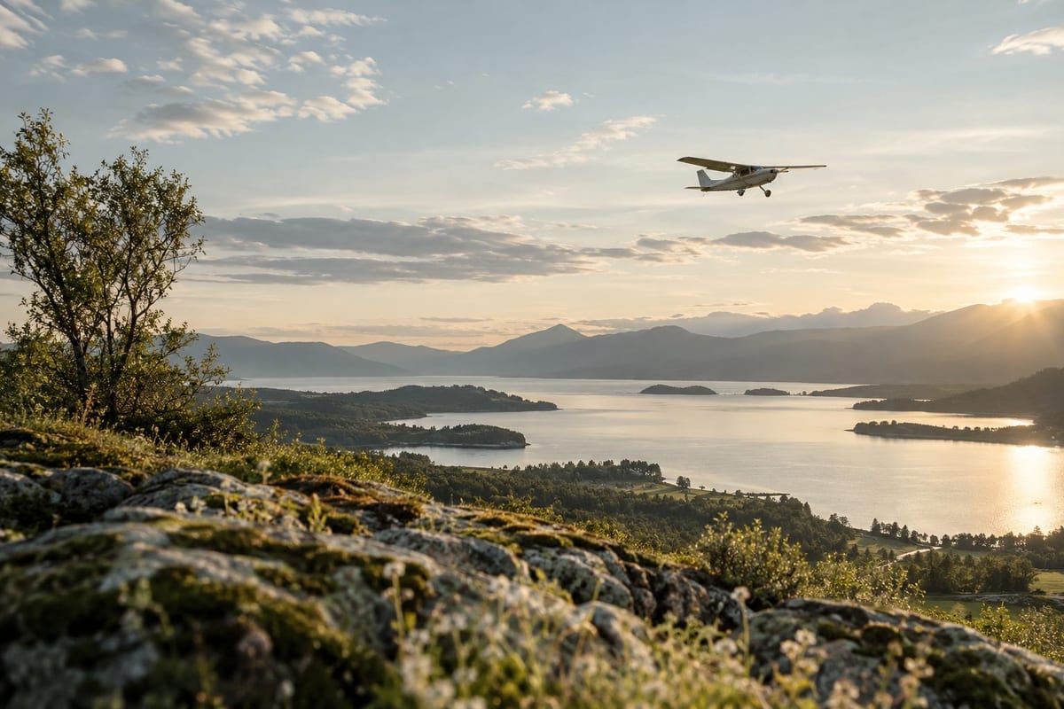 Flugbestattung: Ein kleines Flugzeug fliegt über eine weite Landschaft mit See. Ein kleines Flugzeug fliegt über eine weite Landschaft mit See.