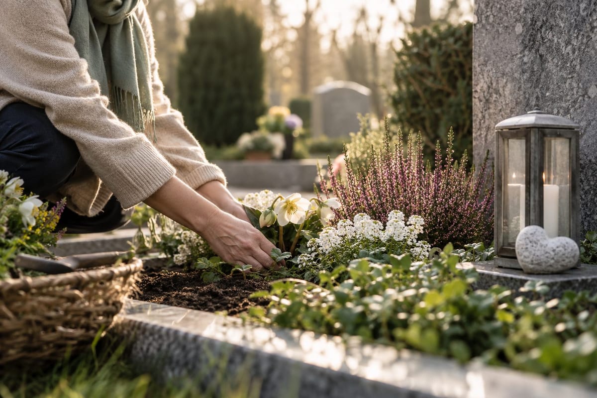 Hände pflegen Blumen an einem Grab neben einem Grablicht.