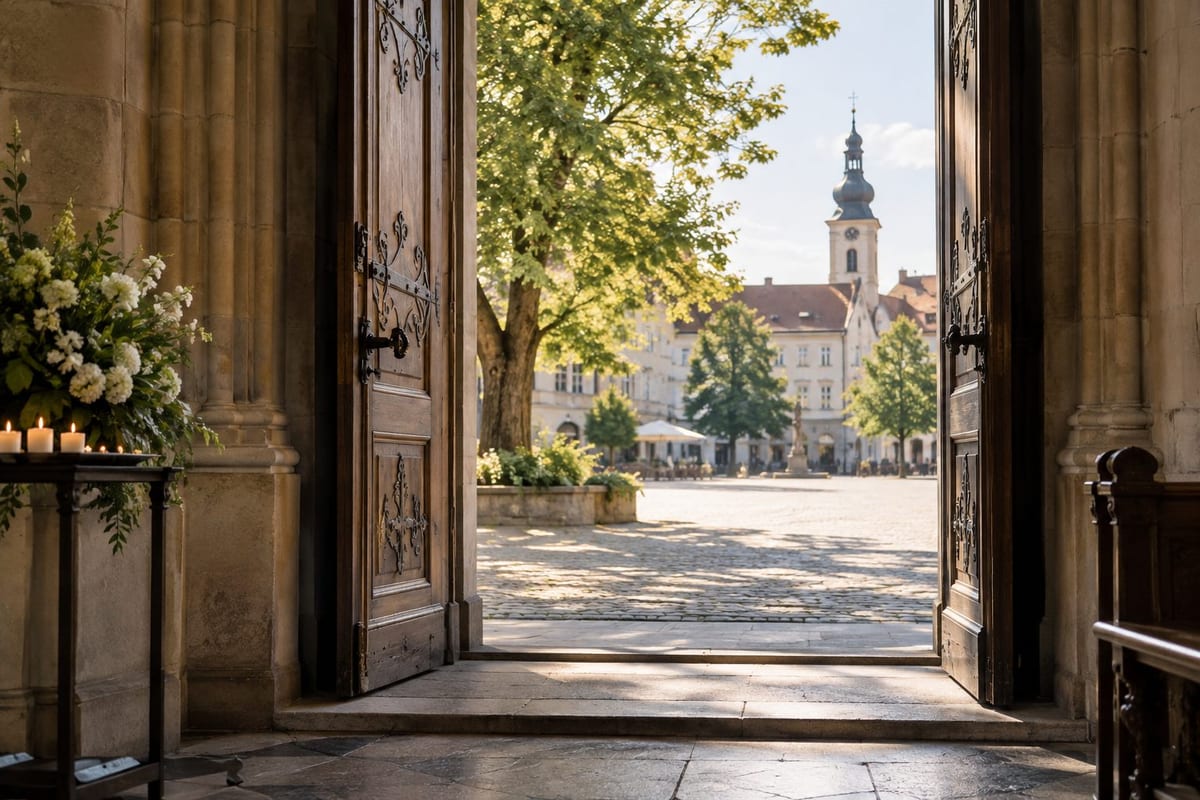 Ein geöffnetes Kirchenportal gibt den Blick auf einen Platz mit einem Kirchturm frei.