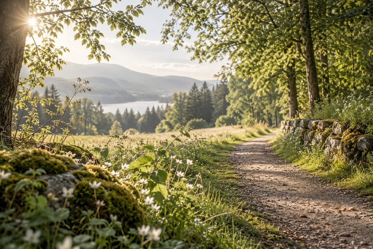 Naturbestattung: Ein sonnenbeschienener Weg führt zwischen Blumenwiese und Wald entlang. Ein sonnenbeschienener Weg führt zwischen Blumenwiese und Wald entlang.