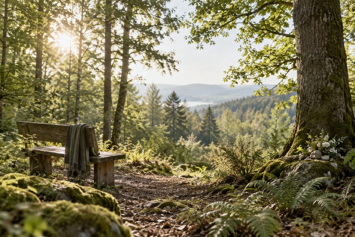 Eine ruhige Waldlichtung mit Moos, Farnen und einem kleinen Gedenkstein.