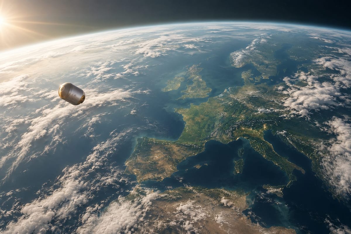 Weltraumbestattung: Eine kleine Kapsel schwebt vor der Erde mit Wolken und Küstenlinien. Eine kleine Kapsel schwebt vor der Erde mit Wolken und Küstenlinien.