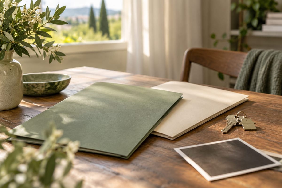 Erbe und Vermächtnis Unterschied: Zwei Mappen, ein Schlüssel und ein Foto liegen auf einem Holztisch. Zwei Mappen, ein Schlüssel und ein Foto liegen auf einem Holztisch.