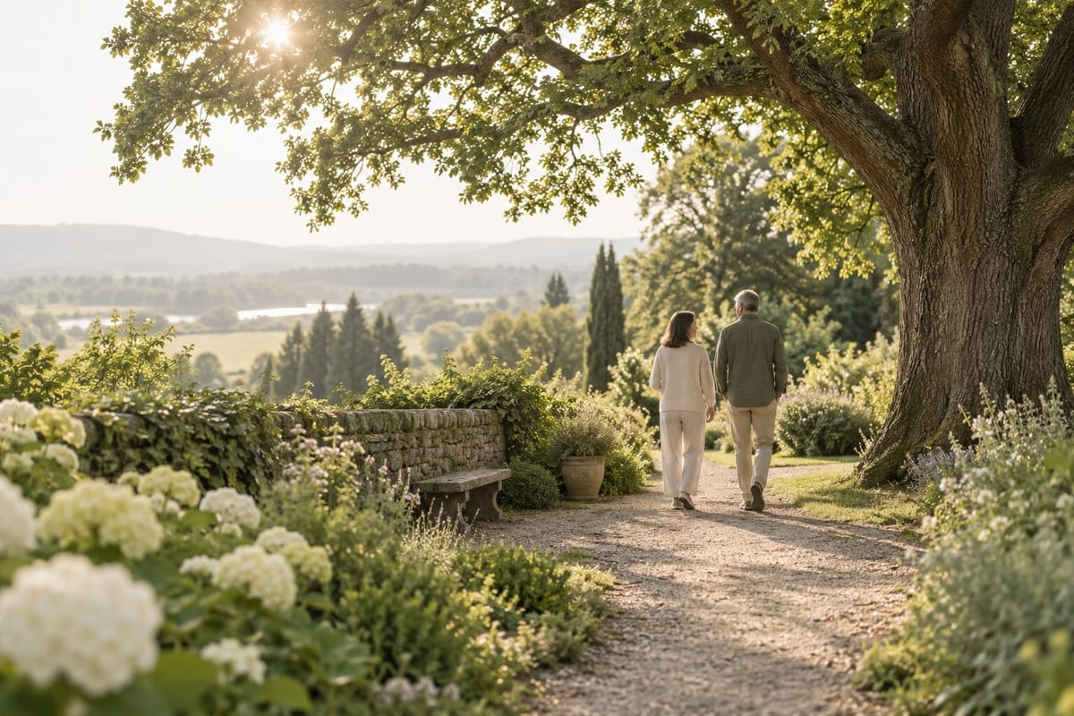 Vorsorge bei EVATI: Zwei Erwachsene gehen auf einem Gartenweg unter einer großen Eiche. Zwei Erwachsene gehen auf einem Gartenweg unter einer großen Eiche.