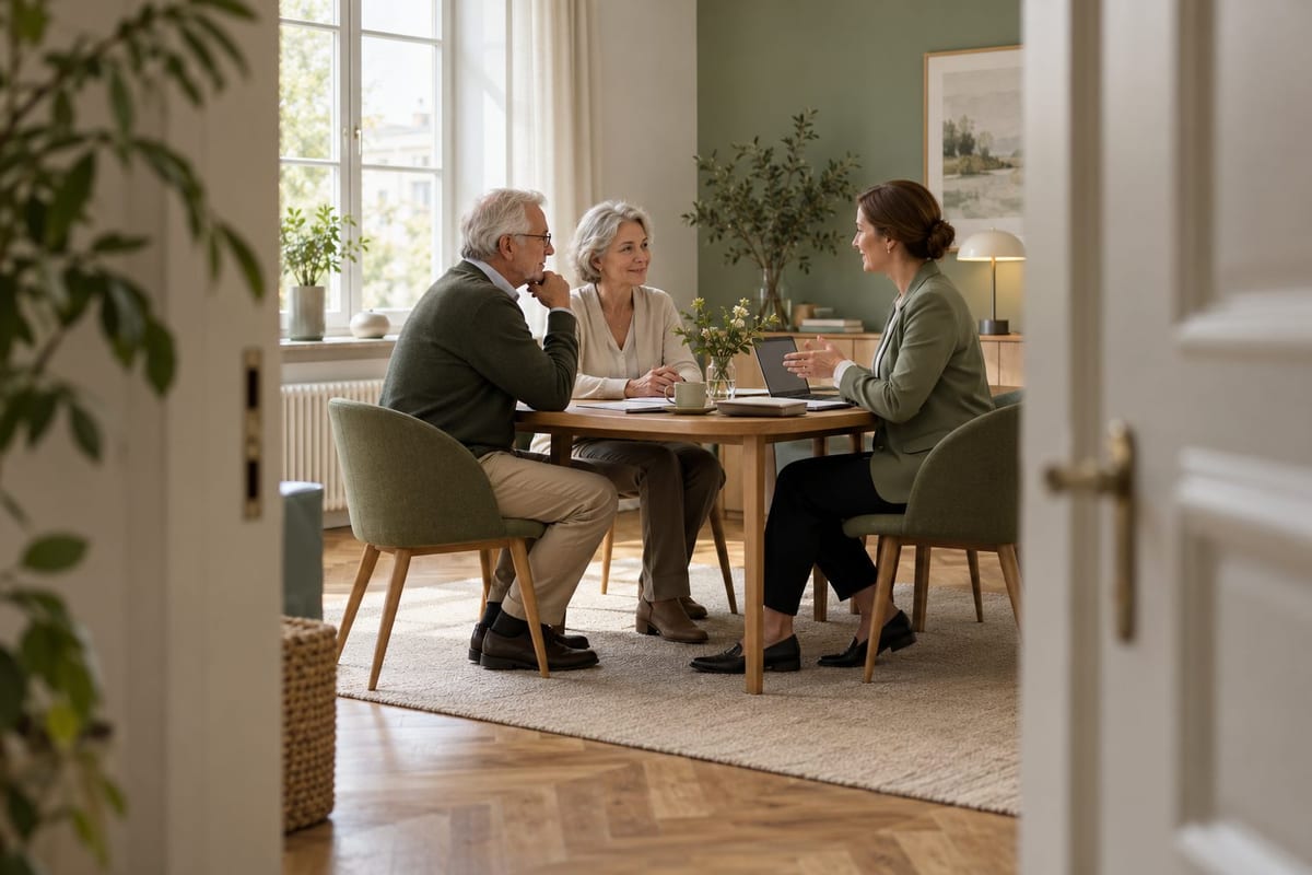 Sparkasse Sterbegeldversicherung: Ein älteres Paar sitzt mit einer Beraterin an einem Tisch in einem ruhigen Wohnraum. Ein älteres Paar sitzt mit einer Beraterin an einem Tisch in einem ruhigen Wohnraum.