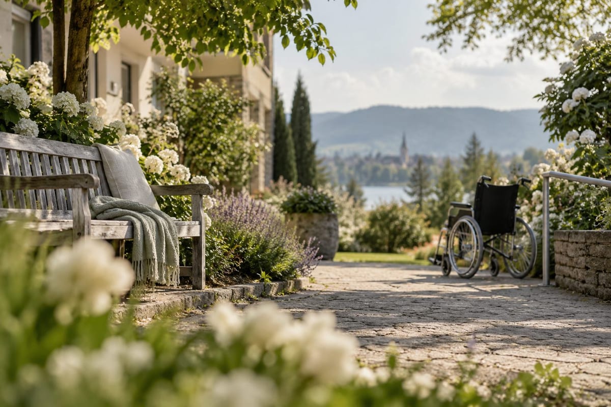 Hospiz: Ein leerer Rollstuhl steht neben einer Bank an einem blühenden Gartenweg. Ein leerer Rollstuhl steht neben einer Bank an einem blühenden Gartenweg.